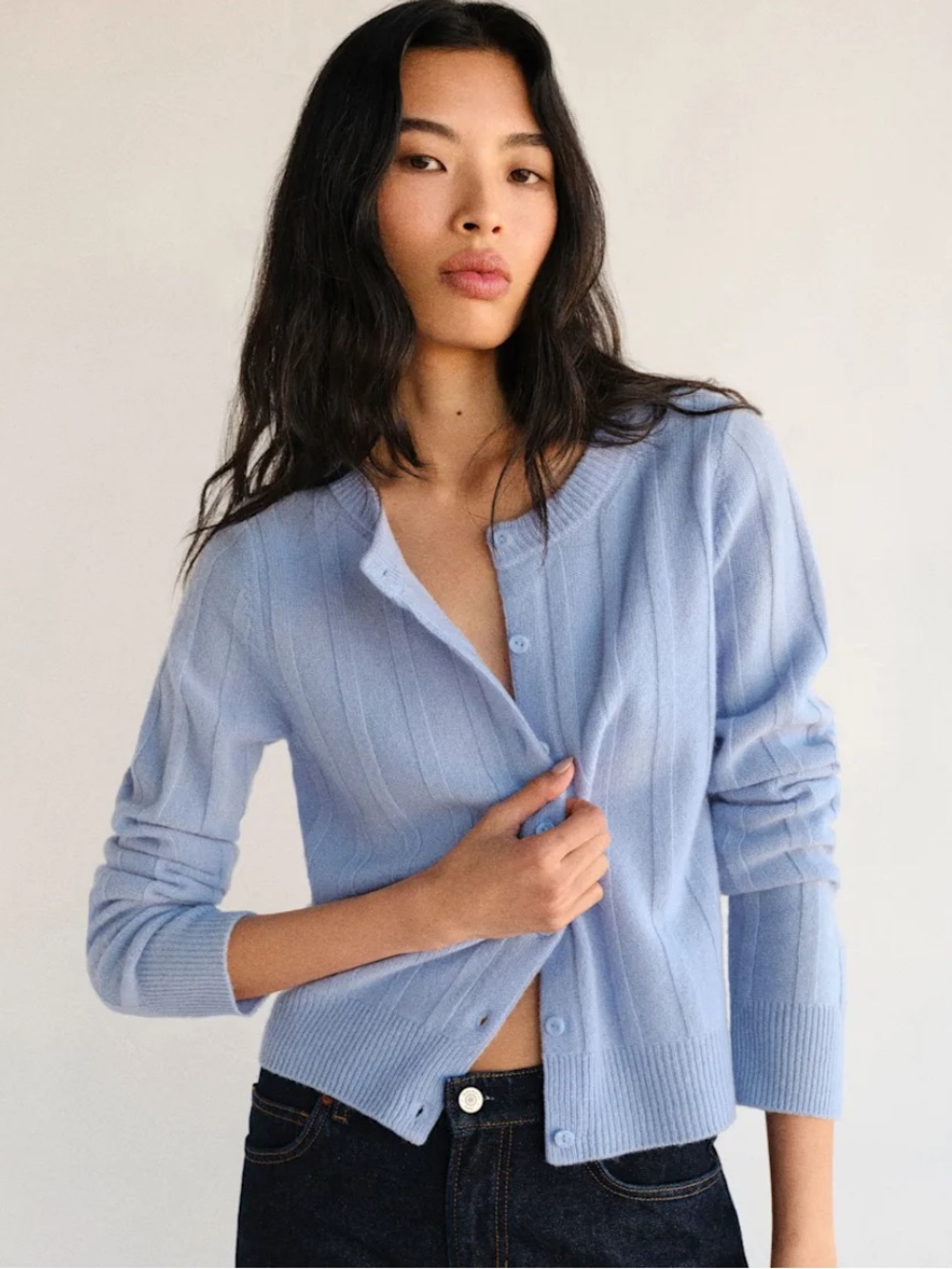 Reformation Blue Hannah Crew Cardigan Button Front Sweater - SIZE L 100% Wool